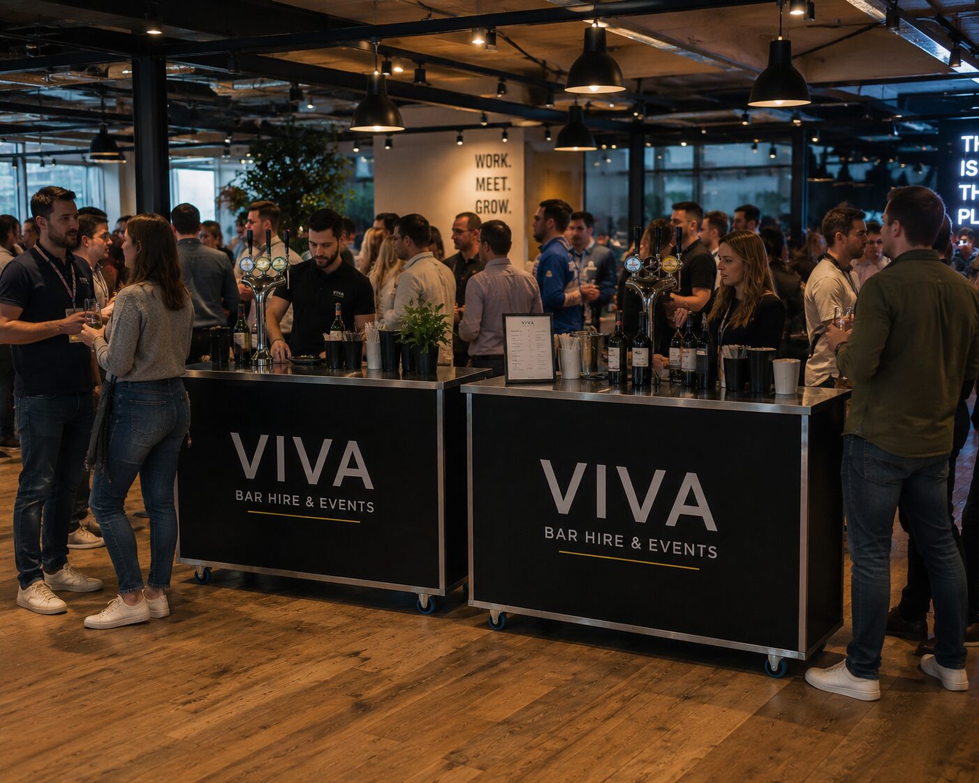 Staffed VIVA bar at a warehouse networking event
