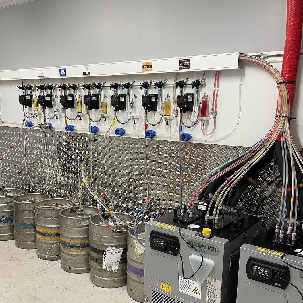 Full cellar installation with secondary regulators, pythons and remote coolers