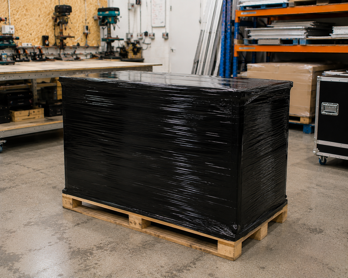 A finished custom mobile bar shrink-wrapped on a pallet, ready for delivery