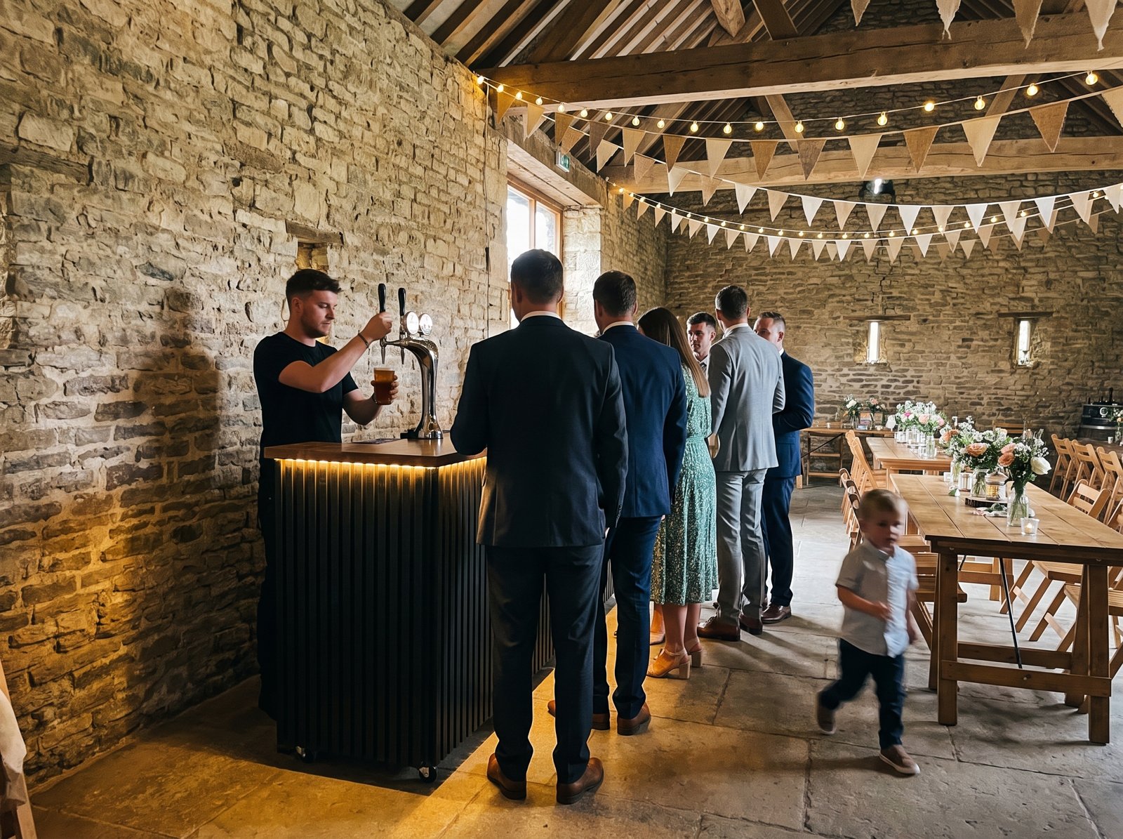 VIVA bar in a stone barn wedding venue with guests queuing for drinks