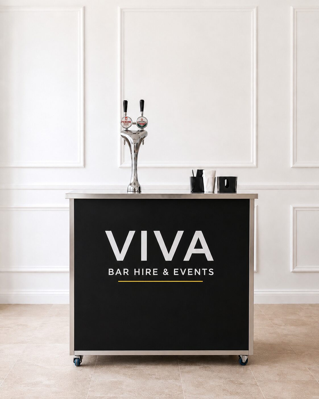 The Classic bar — stainless steel top with bold VIVA wordmark on a black panel