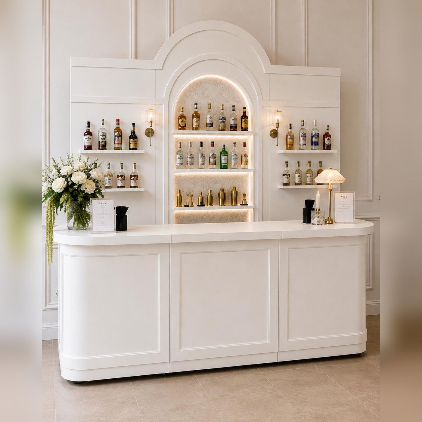 VIVA Knightsbridge luxury event bar with illuminated architectural back bar