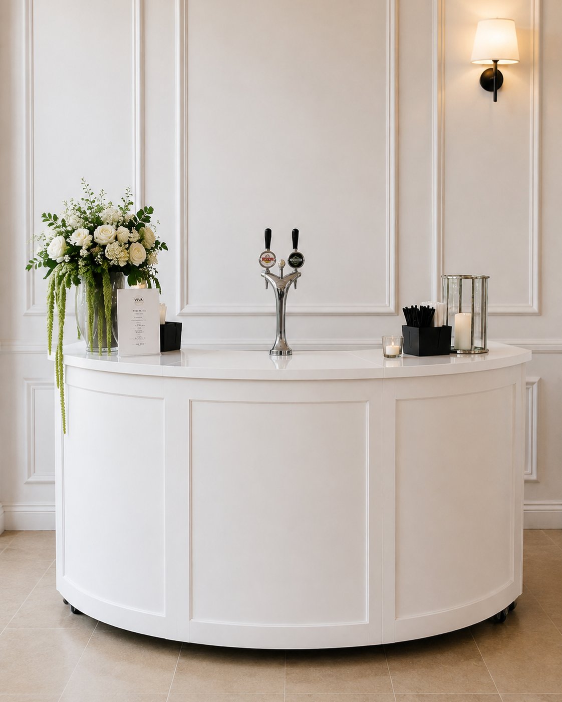 VIVA Belgravia curved white luxury mobile bar hire