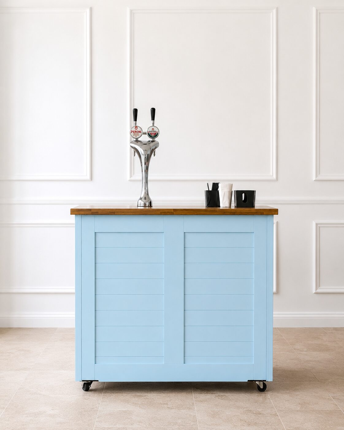 The Riviera — powder blue bar with oak worktop
