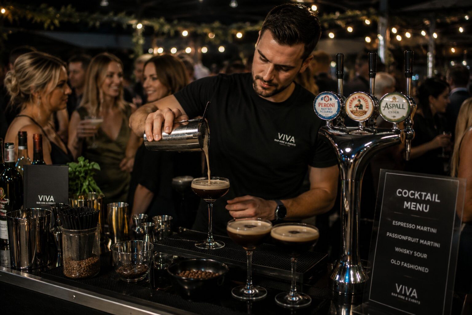 VIVA bartender pouring espresso martinis at a cocktail party