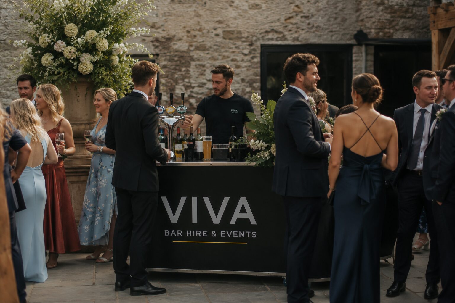 Courtyard wedding reception with VIVA bar
