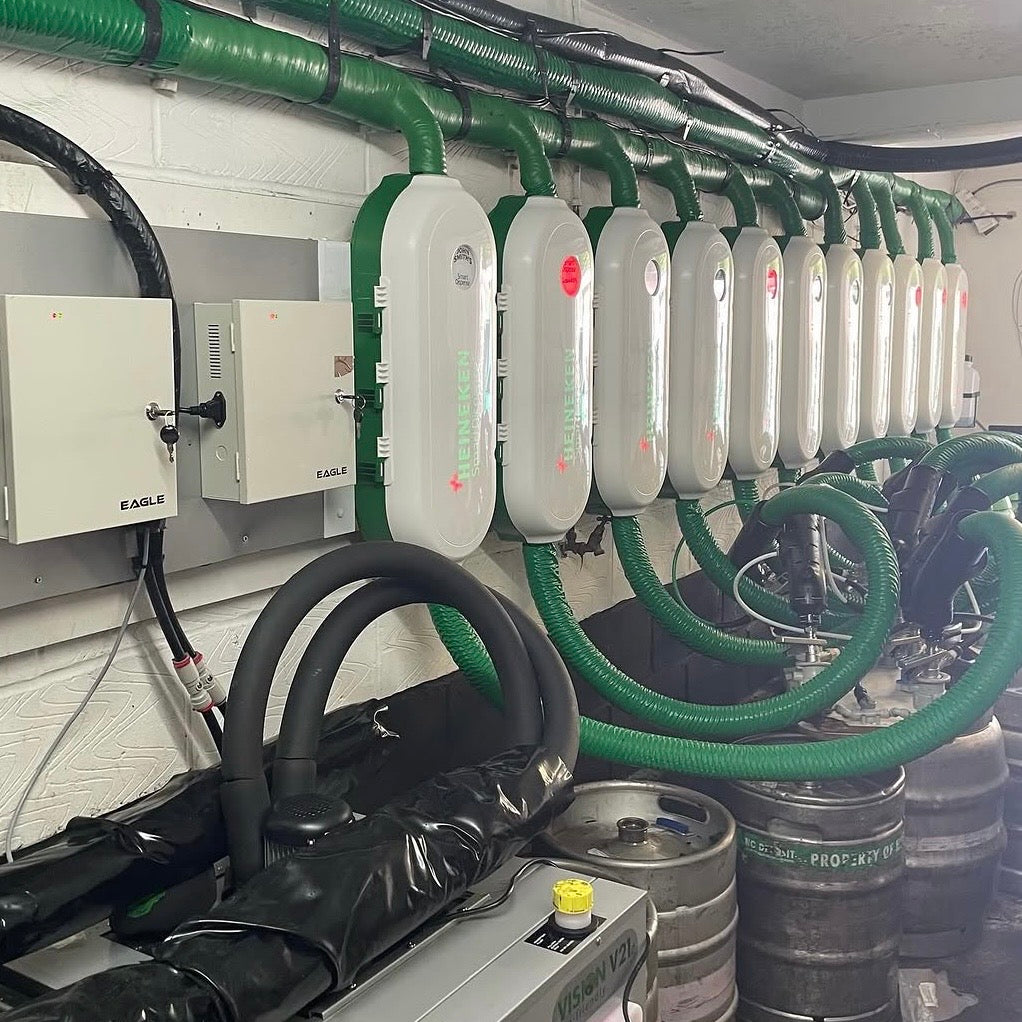 Cellar install with Heineken pythons, FOB detectors and kegs