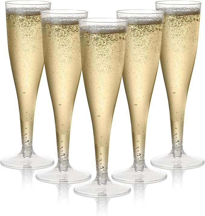Premium clear plastic champagne flutes, 133ml, reusable, pack of 24