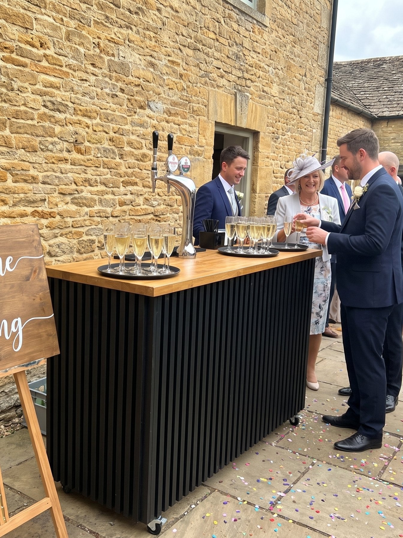 Welcome drinks from a VIVA bar in a country house courtyard wedding