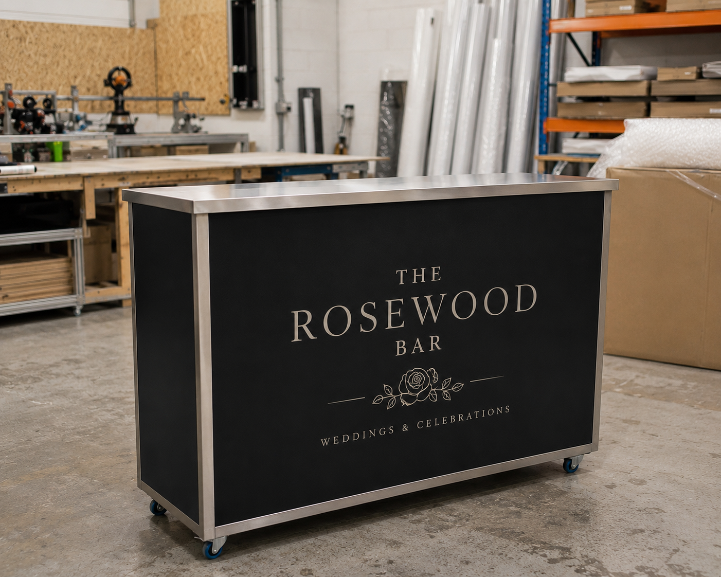 The Rosewood Bar — a customer's custom-branded mobile bar on a stainless steel frame in the VIVA workshop