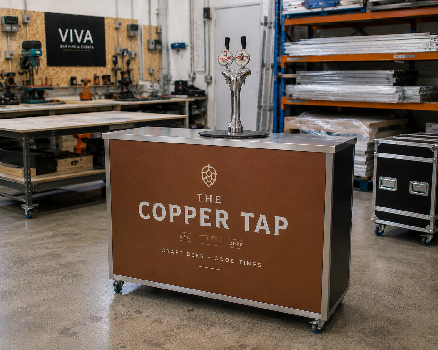 The Copper Tap — a custom-branded mobile bar built in the VIVA workshop