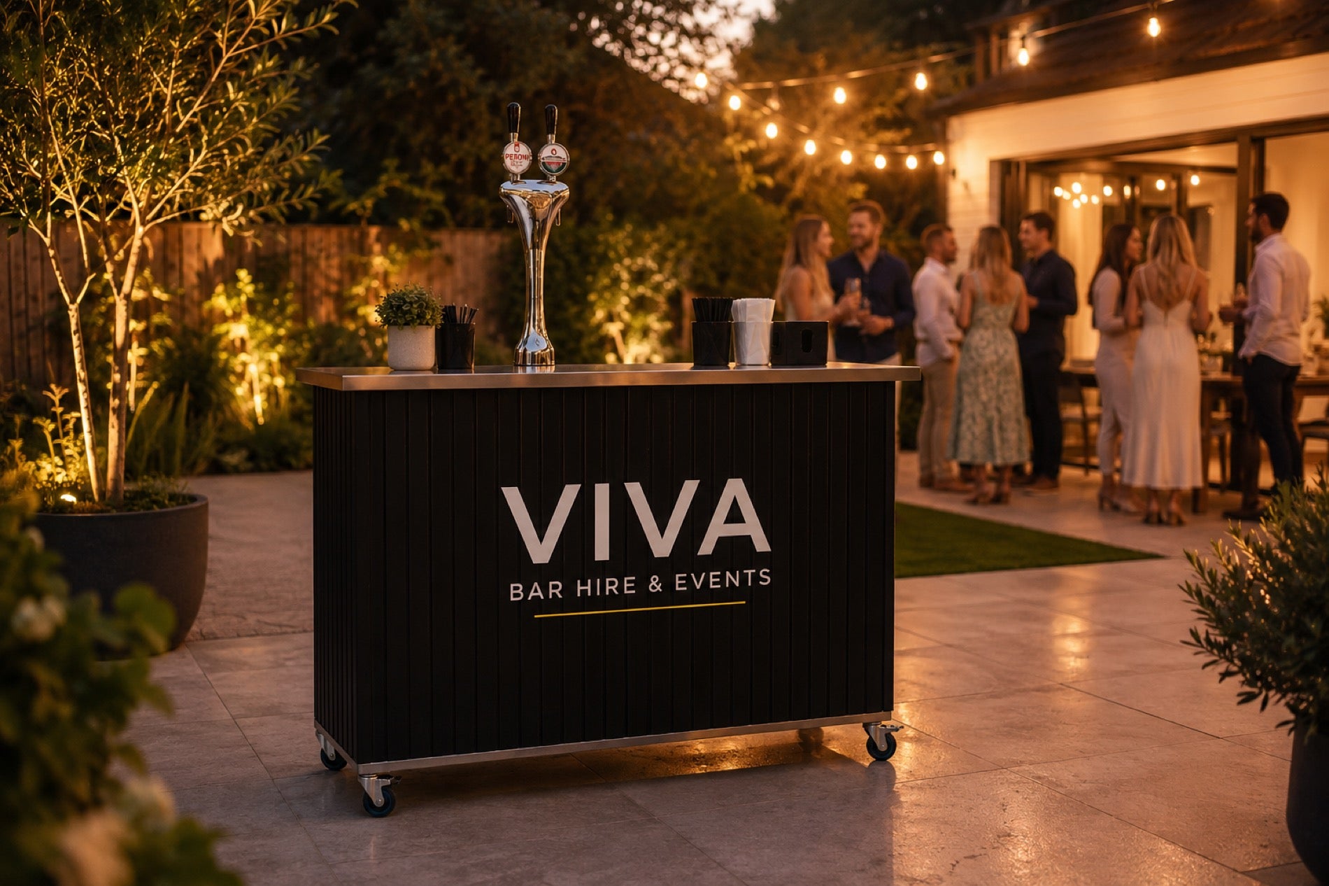 VIVA bar set up and ready at a barn event before guests arrive