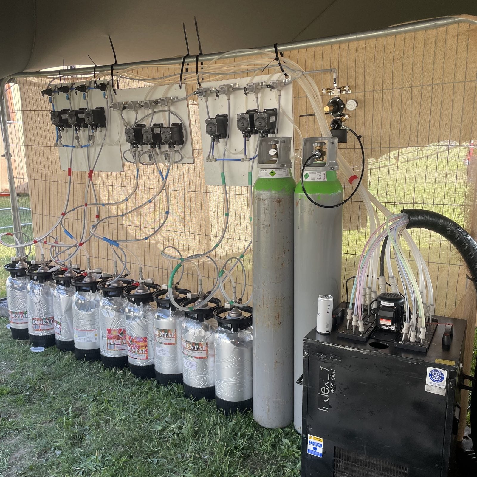 Festival cocktail dispense cellar with pumps, gas, kegs and IceJet cooler