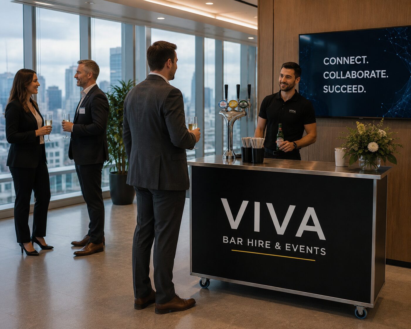 Corporate event with VIVA bar and suited guests