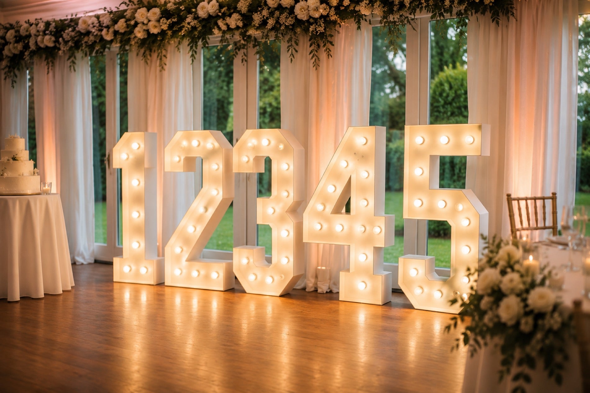 4ft LED light-up numbers on the dance floor inside a marquee