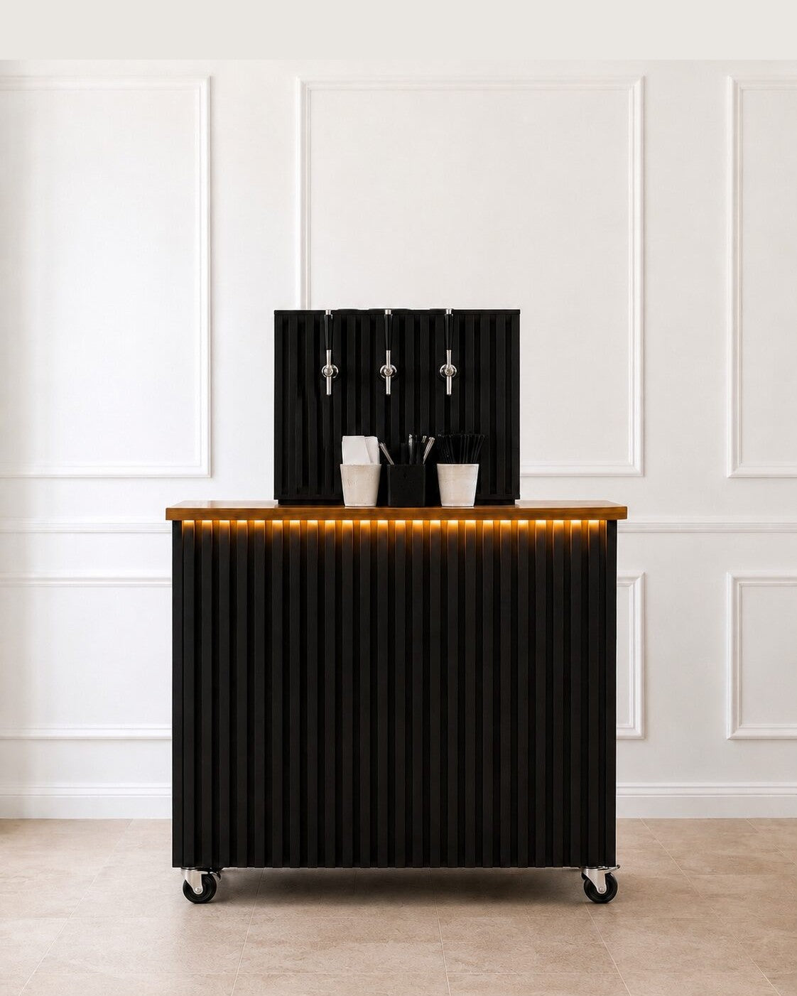 The Pavilion — slatted black bar with 3-tap tower and LED