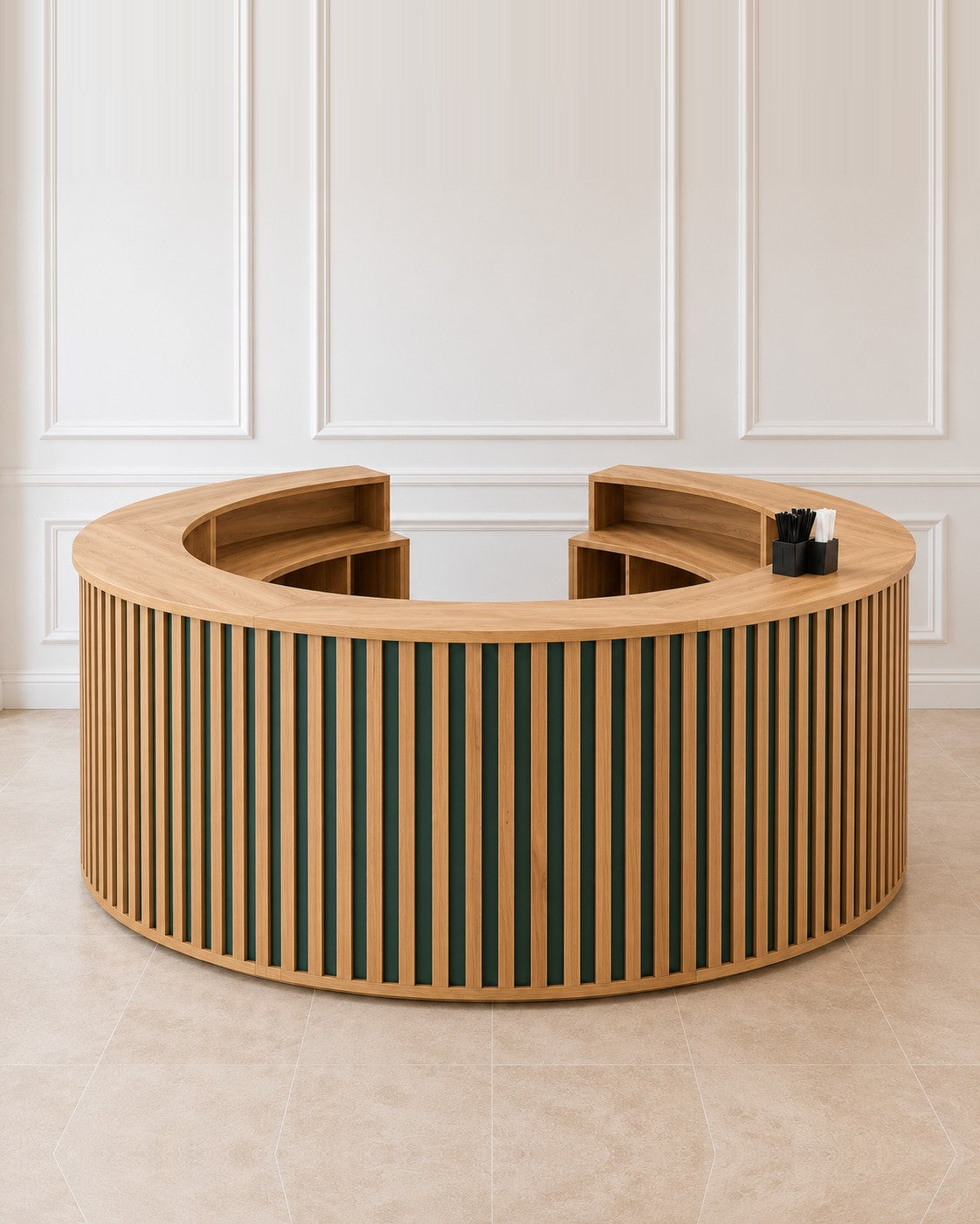 VIVA Richmond curved oak and green semi-circular mobile bar hire